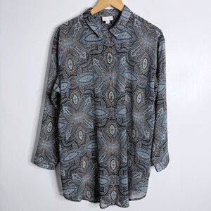J. Jill Paisley Print Sheer Chiffon Button‎ Front Tunic Blue Large Petite Boho